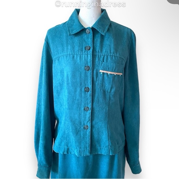Vintage New Frontier Teal Suede 2-Piece Set Beaded Shirt Jacket & Midi Skirt L - Picture 3 of 16